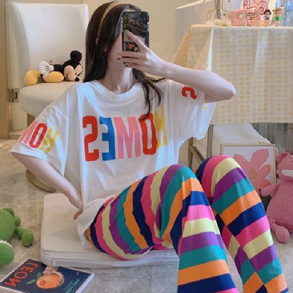 

короткие рукава pulloverpajamas пуловеры радужные брюки пуловеры пижамы новый случайный корейский мультфильм домашний костюм женский, Blue;red