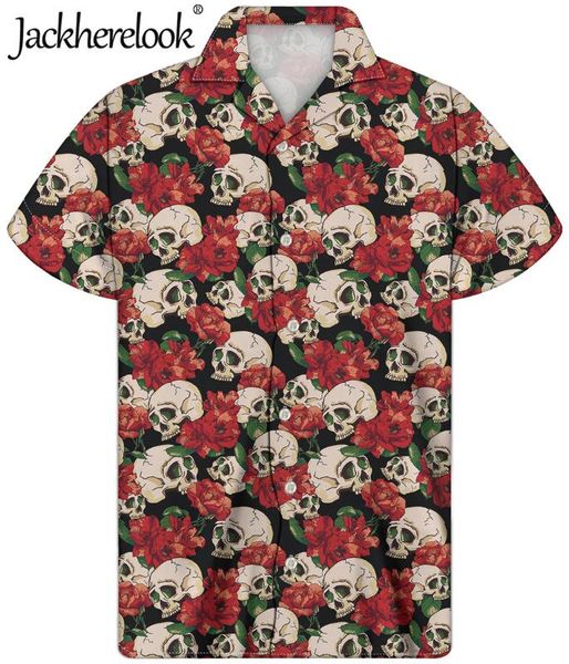 

men's casual shirts jackherelook cuban guayabera shirt for clothing rose sugar skull printing short sleeved camisas para hombre, White;black