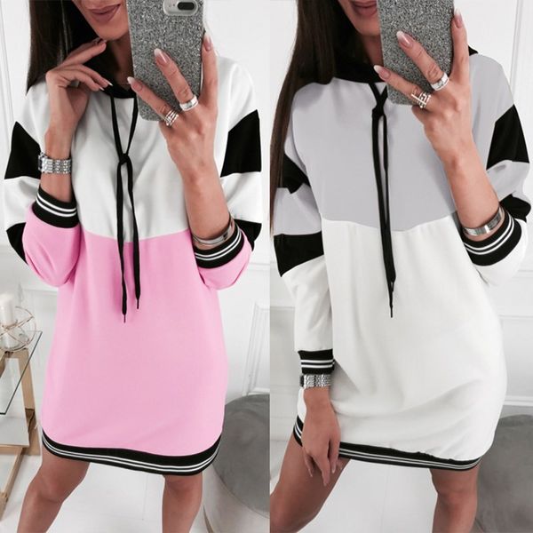 

spring autumn patchwork women's sweatshirt dress casual loose color matching drawstring hooded dress elegant female mini dress, Black;gray