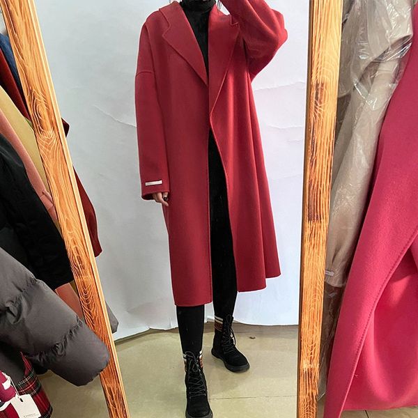 

red double-sided en women's long over-knee 2019 new korean style high-end elegant slimming cashmere coat wool wool woolen coat, Black