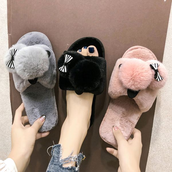 

2020 womens fur slippers winter shoes big size slippers plush womens indoor warm fluffy cotton shoes women home slipper, Black