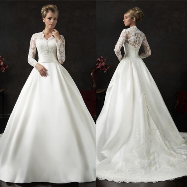 

wedding dresses bridal ball gowns princess long sleeves wedding gowns high neck petites plus size custom made, White