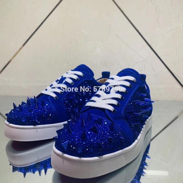 

low cut red bottom blue suede leather sport shoes for men casual flat loafers whole rivets crystal runway sneakers couple models, Black