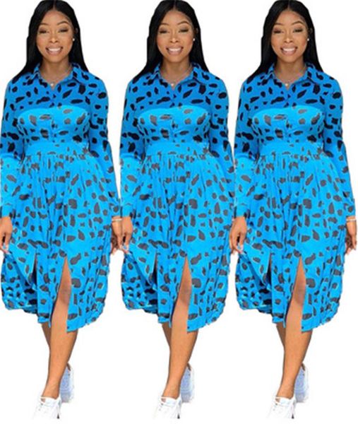 

women blue leopard printing dress fashion trend long sleeve cardigan button loose dress designer female bohemian casual short skirt clothing, Black;gray