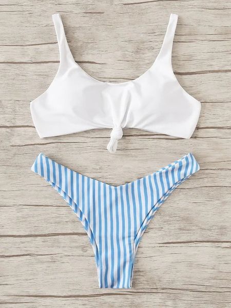 

2pcs bikini set women striped push up front tie bra bikinis swimsuit female scoop neck fringe beach bathing suit thong swimming suit, White;black