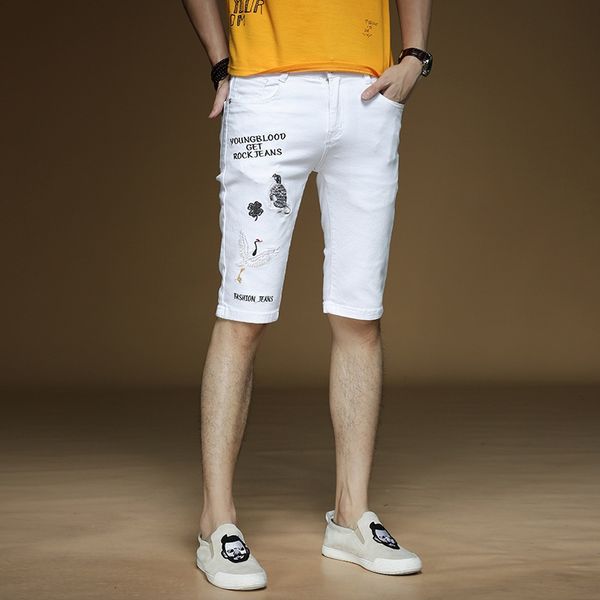 

embroidered printed and embroidered jeans jeans shorts men's trendy brand hole loose pants men's casual five-point pants thin, Blue