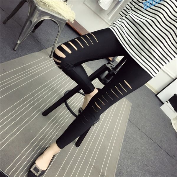

spring and summer imitation tight tight leather leggings women's outer wear hole black leather slimming ankle pants thin glossy pants, Black;white