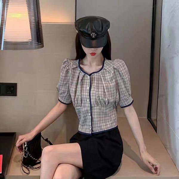 

2020 summer korean style plaid loose women's round neck half sleeve ins popular shirt short sleeve shirt, White