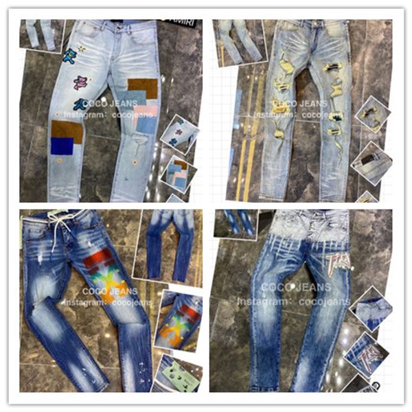 

new mens distressed ripped biker jeans slim fit motorcycle biker denim for men fashion hip hop mens jeans good quality #f12, Blue