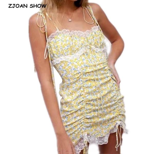 

2020 yellow floral print spaghetti strap lace ruffle detail sling mini short dress women lacing up ruched hem party dresses, Black;gray