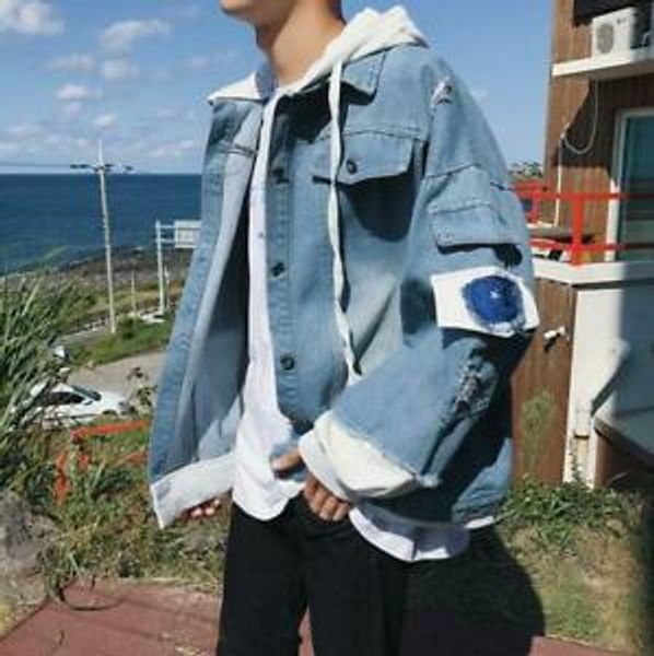 

men's spring and autumn jeans coat with hooded loose coat casual korean version of the new wear ace-0012, Black