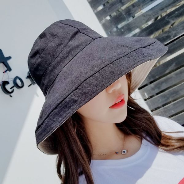 

2jv92 new solid color double-sided color matching large edge fisherman women's casual all-match shade foldable screen fisherman sun sun, Blue;gray