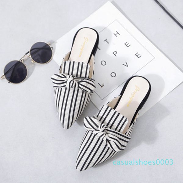 

elegant striped women mules slippers pointed-toe flat ladies office shoes butterfly-knot decoration women shoes summer slides c03, Black