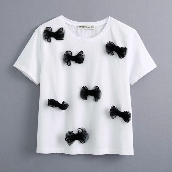 

fashion black bow patch casual white knitted t-shirt female o neck short sleeve basic chic t shirt leisure 2020 women