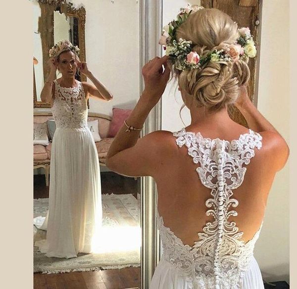 

beach boho wedding dresses sparkly lace chiffon sheer backless floor length bohemian bride bridal gowns custom made plus size, White