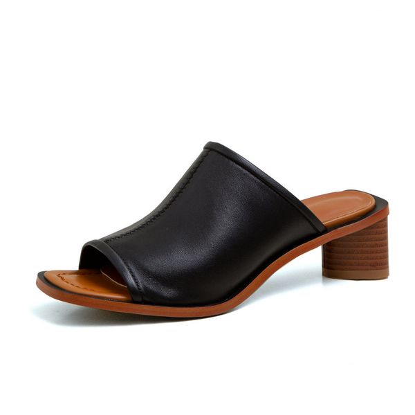 

women high heels slipper 100% cow leather hollow out party shoes woman summer slip on beach flip flops size 41 42 43, Black