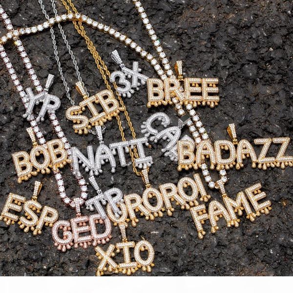 

a-z custom name drip bubble initial letters pendant necklace with rope chain and tennis chain silver gold color iced jewelry