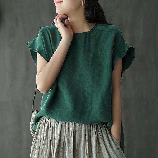 

copper ammonia wave lotus leaf sleeve t-shirt new elegant loose all-match round coat t-shirt neck for women, White