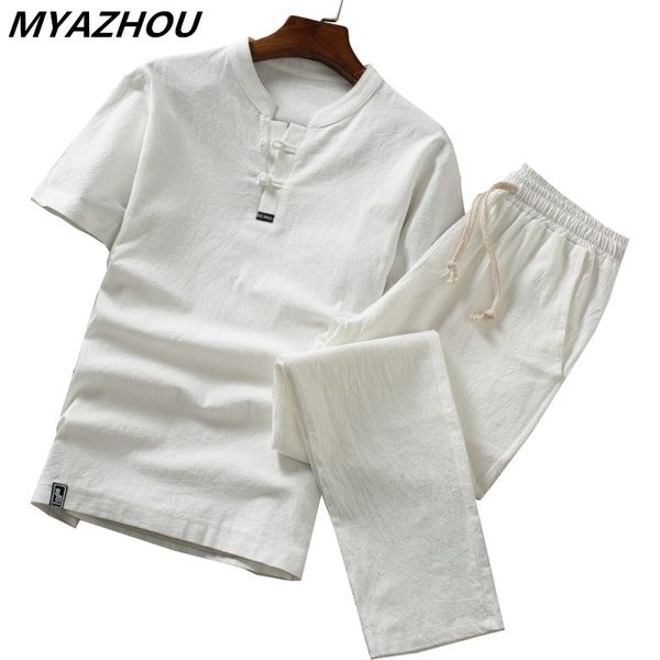 

cotton and thin linen set, slim solid color short-sleeved t-shirt large size loose casual breathable trousers kg-571, Gray