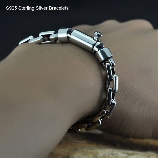 

s925 sterling silver vintage single lock clasp men bracelet for fine jewelry 925 solid thai silver o chain bangle male punk box chains, Golden;silver
