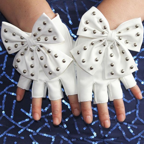 

big bow butterfly and rivet half finger imitation leather gloves pu gloves women' nightclub stage performance, Blue;gray