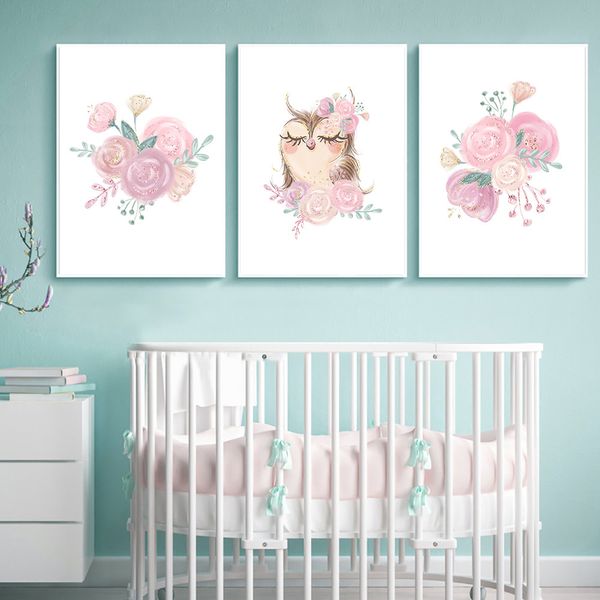 

owl woodland animal print nursery wall art canvas poster pink rose flower painting nordic poster picture girl room wall decor