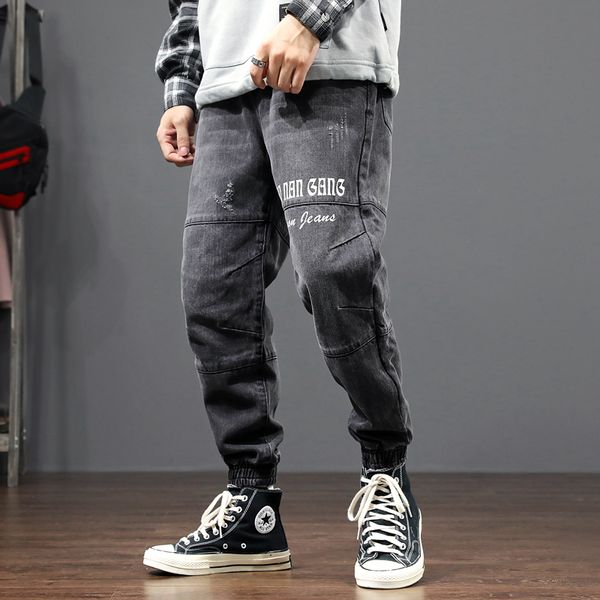 

fashion streetwear men jeans loose fit printed designer harem pants wide leg black gray cargo pants hip hop jeans men joggers, Blue