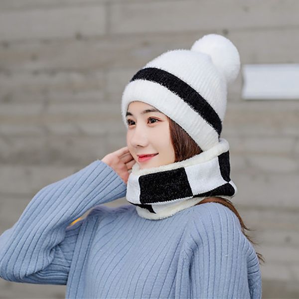

cycling caps & masks hat ladies winter plus velvet thick warm bib set korean version of the tide wild mixed color wool cap, Black