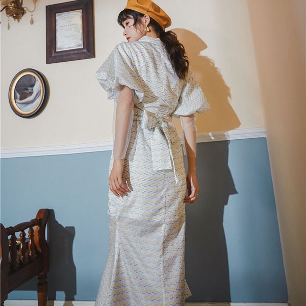 

women's skirt fishtail skirt summer fishtail dress hollow-out-of-the-waist bubble sleeve dress, Black;gray