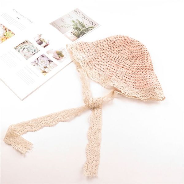

fashion summer beach baby girl lace ribbons sun hat breathable straw kids cap u90b, Yellow