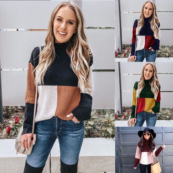 

autumn and winter women's three-color stitching long pullover sleeve sweater pullover casual sweater, White;black