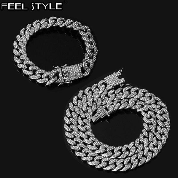 

iced out paved rhinestones 1set 13mm gold gold full miami curb cuban chain cz bling rapper necklaces for men hip hop jewelry, Silver