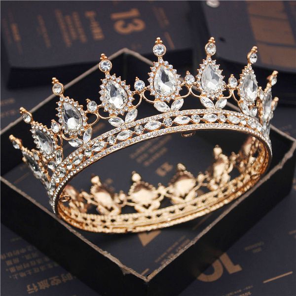 

baroque queen king bride crown crystal diadem pageant head piece bridal tiaras and crowns wedding hair jewelry accessories y200727, White;golden