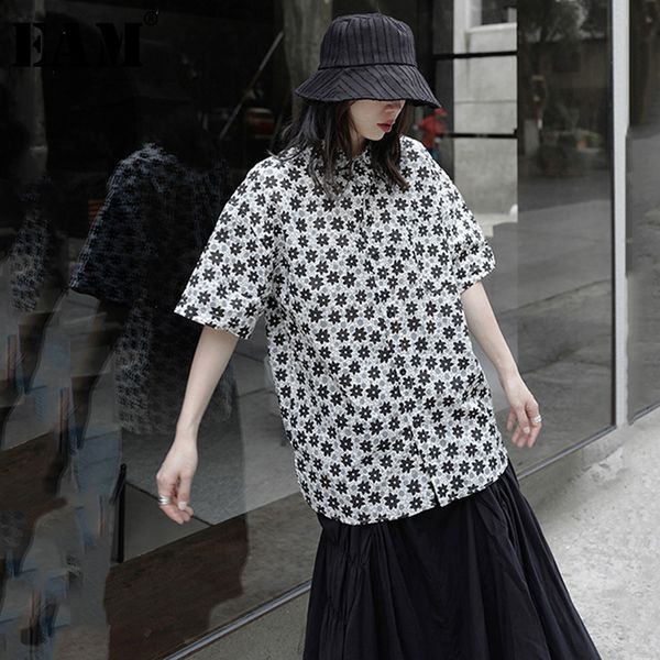 

eam] women black pattern printed big size blouse new lapel half sleeve loose fit shirt fashion tide spring summer 2020 1y499, White