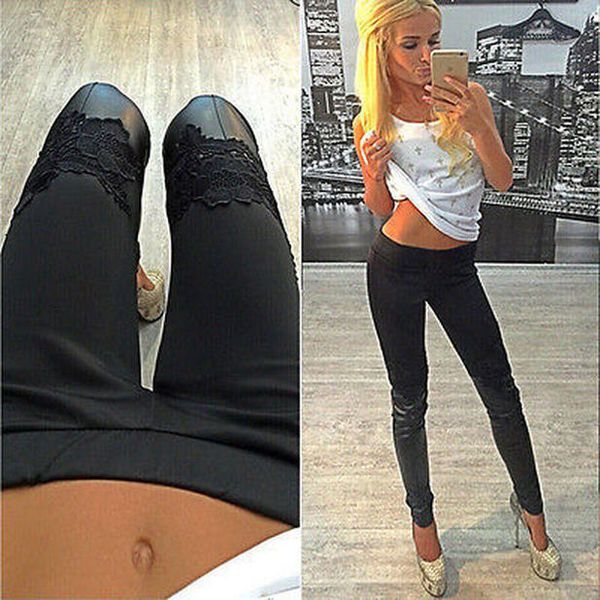 

womens new fashion stylish leggings regular polyester slim fit lambskin leather leggings, Black