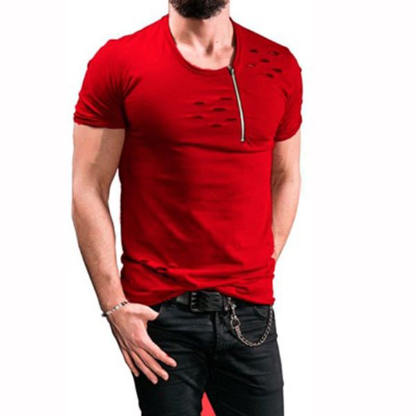 

new fashion summer t-shirt mens short clothing zipper design o-neck t shirts slim fit wear men tees, White;black