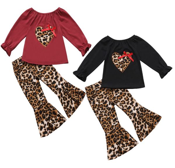 

fashion baby girls 2 piece clothing sets kids clothing autumn flare sleeve leopard heart with bow + flare pants leopard 2 piece outfits, White