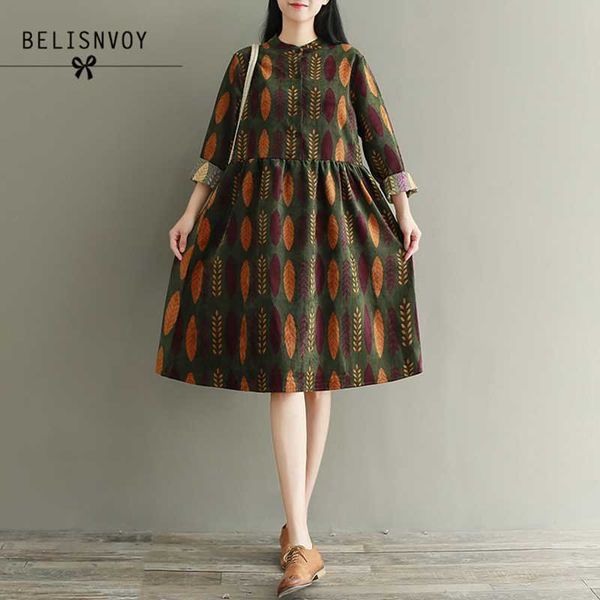 

casual dresses robe femme 2021 mori girl autumn winter women clothing printed long sleeve single breasted plus size corduroy vintage dress, Black;gray