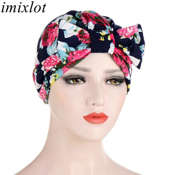 

imixlot bohemian fashion removable bow head turban wrap women girls muslim floral printed beanie cap bandana headwear hat, Blue;gray