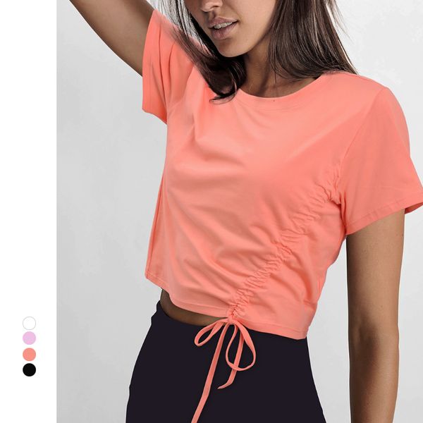 

short-sleeved yoga shirt lace up drawstring crop fitness breathable running workout sweat-aborbing sports wear for women gym, Black;blue
