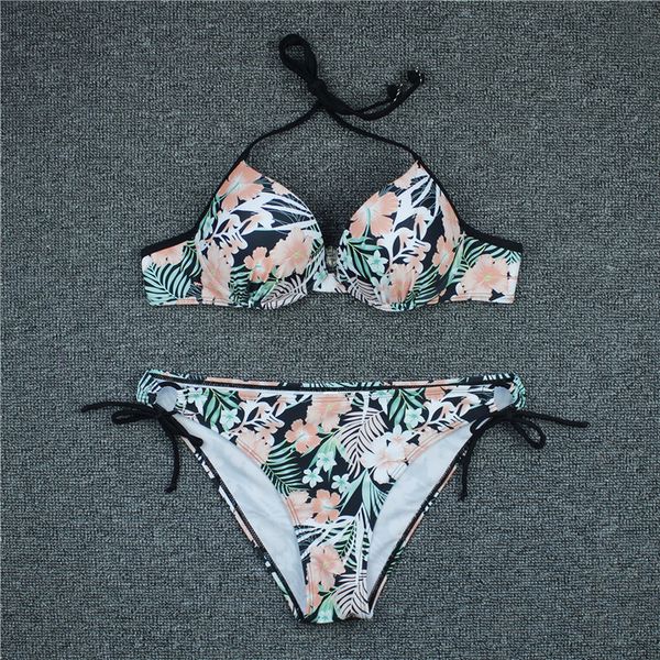 

лето 2020 холтер цветочная печатный женщины бикини установить sexy бинты купальники push up проложенный летний купальный костюм пляж купальн, White;black