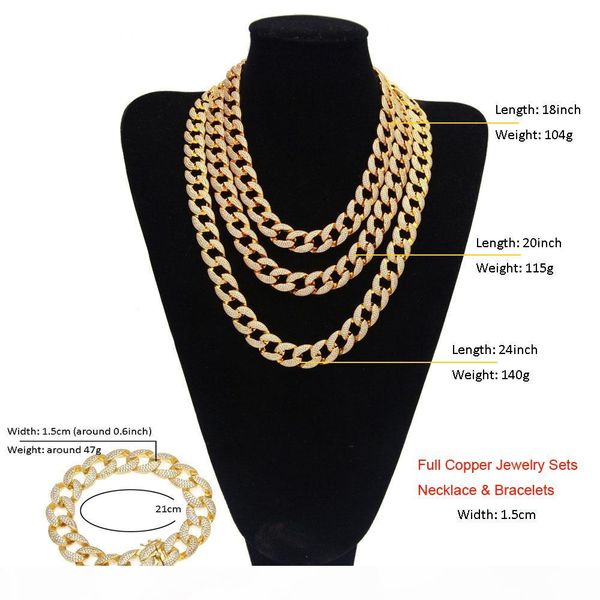 

full copper mens hip hop bling jewelry sets miami cuban link necklace & bracelet iced out rock chains 1.5cm gold silver