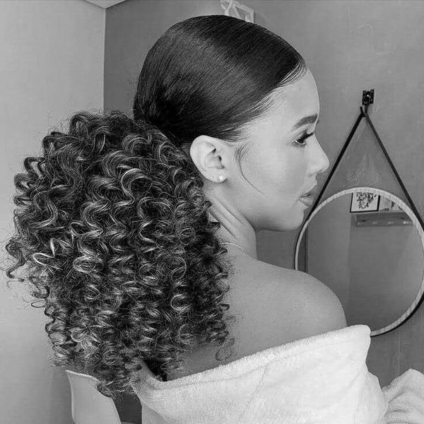 

kinky curly mongolian real grey hair ponytail clip in mongolian kinky curly sliver gray drawstring ponytail hairpiece human hair for women, Black