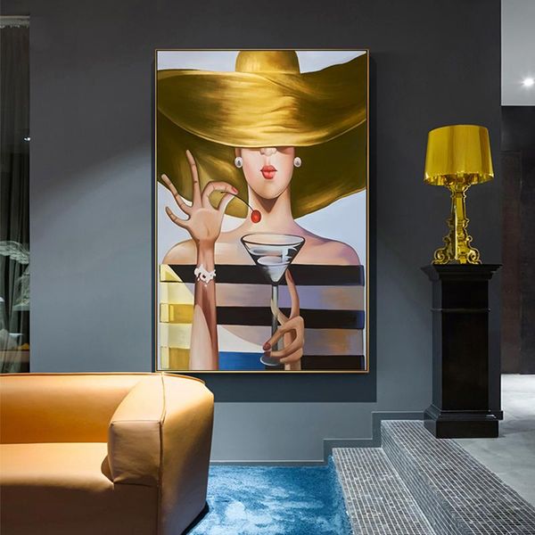 

Abstract Aristocratic Lady Canvas Painting Modern Cocktail Girl Tableaux Wall Art Picture for Living Room Home Decor (No Frame)