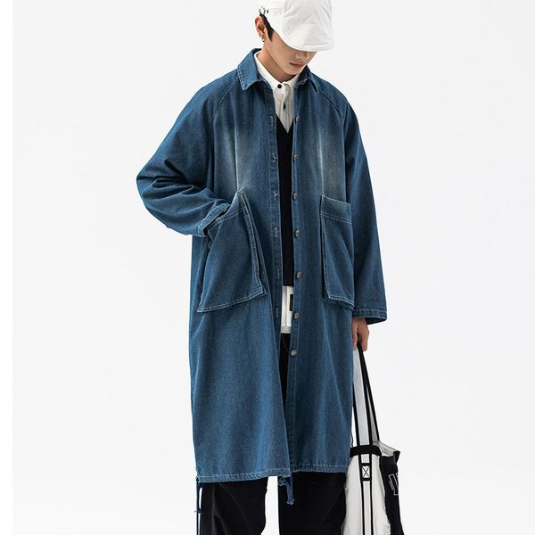 

mens denim jeans coats jackets windbreaker long trench outwear oversize harajuku japanese blue overcoats, Tan;black