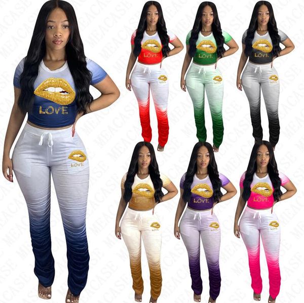 

women lips tracksuit designer letters t shirt crop and ruffled pants outfit two pieces trousers suit fashion color gradient suit d71610, White