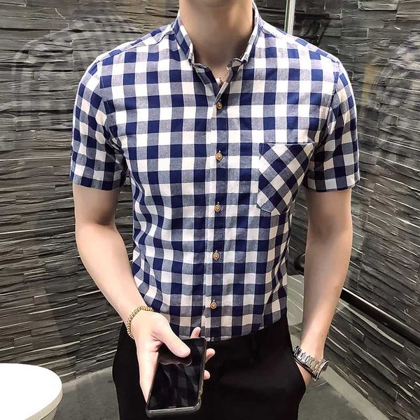 

2020 summer men's shirt short sleeved 100% cotton slim fashion causal plaid shirts comfortable soft brand male shirt clothes men, White;black