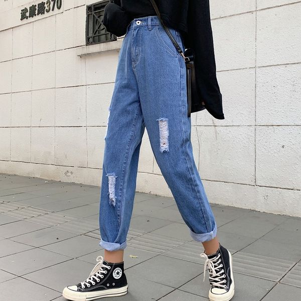 

ripped jeans for women high waist plus size button loose casual full length denim harem pants 4xl 5xl, Blue