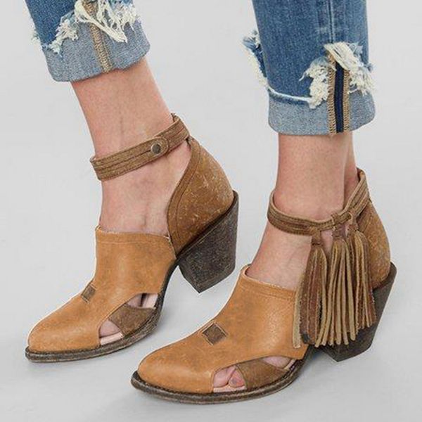 

women retro pu leather with tassel sandals ladies ankle strap breathable shoes pointed toe high square heel sandals, Black