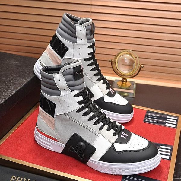 

fashion phantom kick $hi -mixed materials sneakers mens shoes comfortable chunky sneakers plus size lace -up casual high men shoes, Black